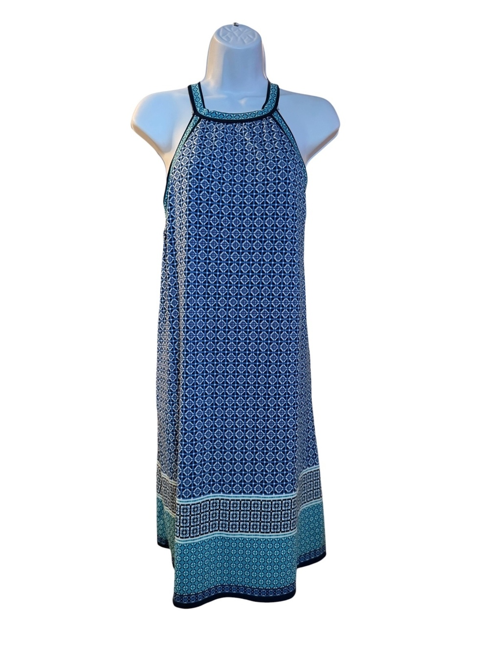 Max Studio Blue and Teal Halter Dress with Geometric Pattern